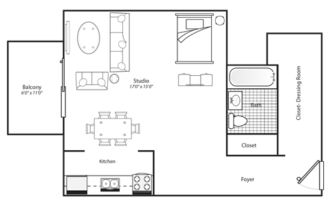a floor plan of a small house with a bedroom and a living room